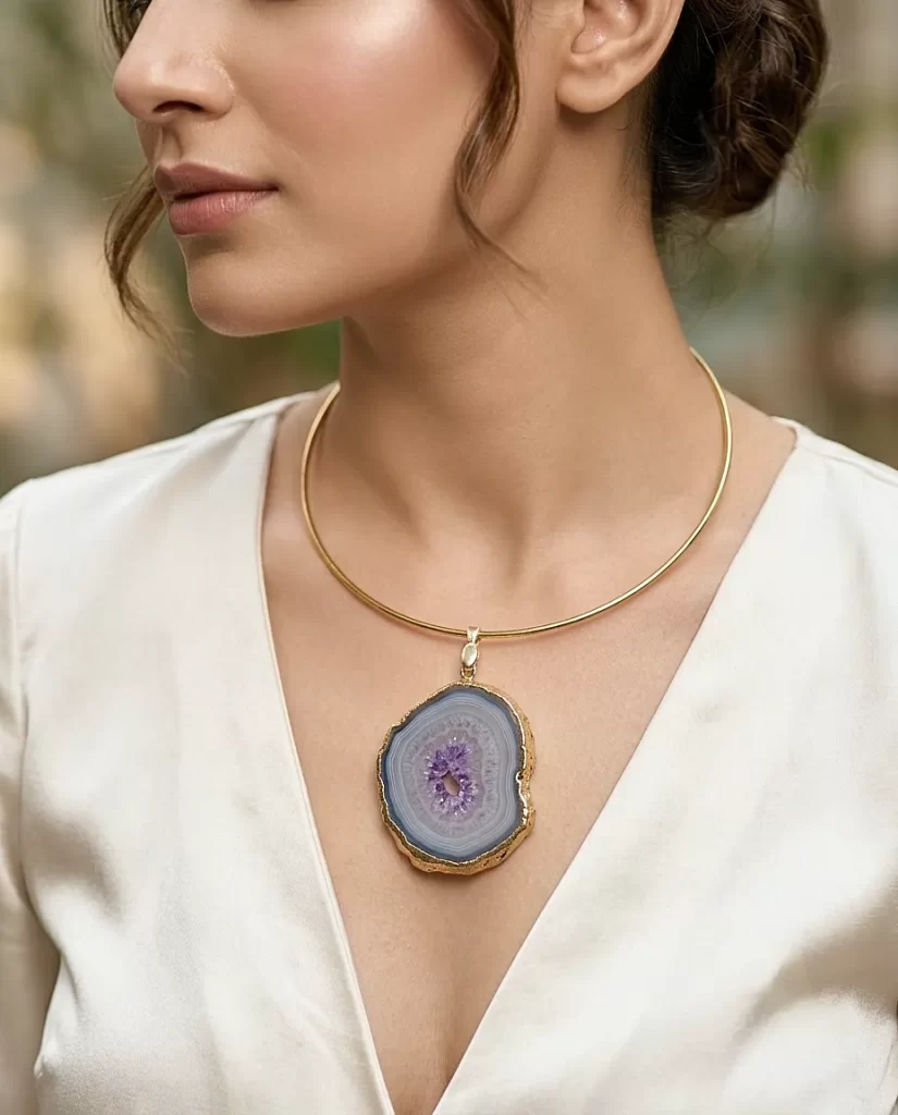 Raw Radiance Necklace- Lilac Agate Slice Stone & Brass Hasli