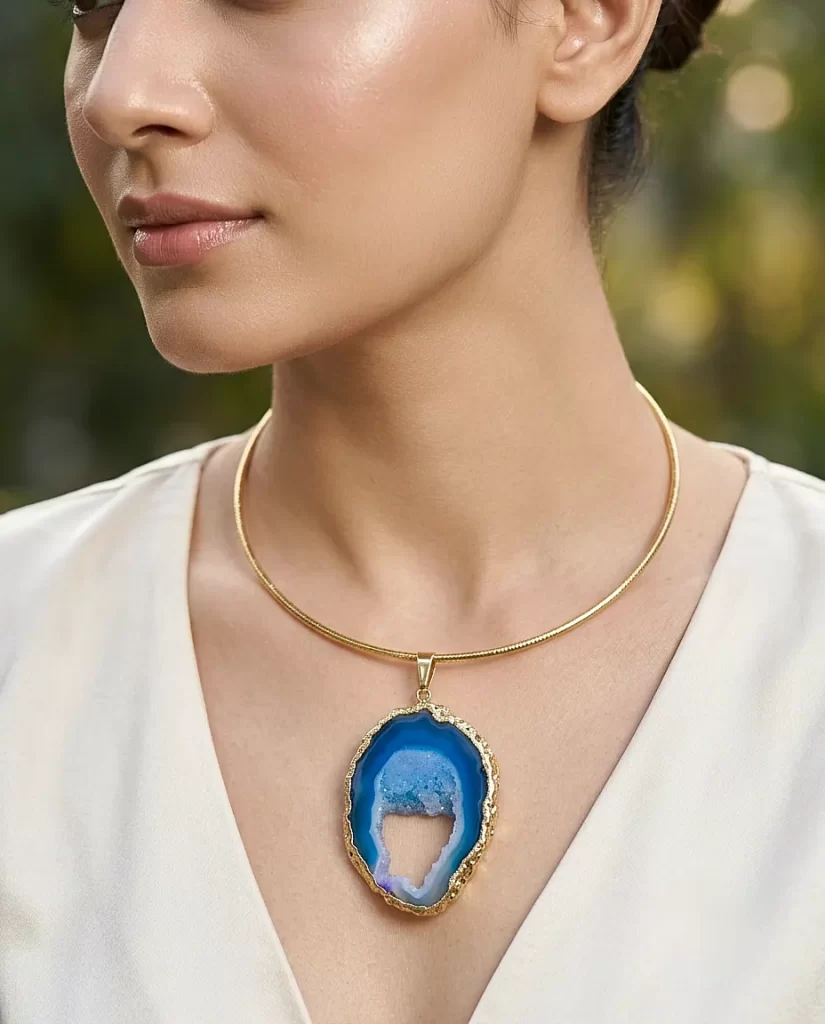 Raw Radiance Necklace- Aqua Agate Slice Stone & Brass Hasli