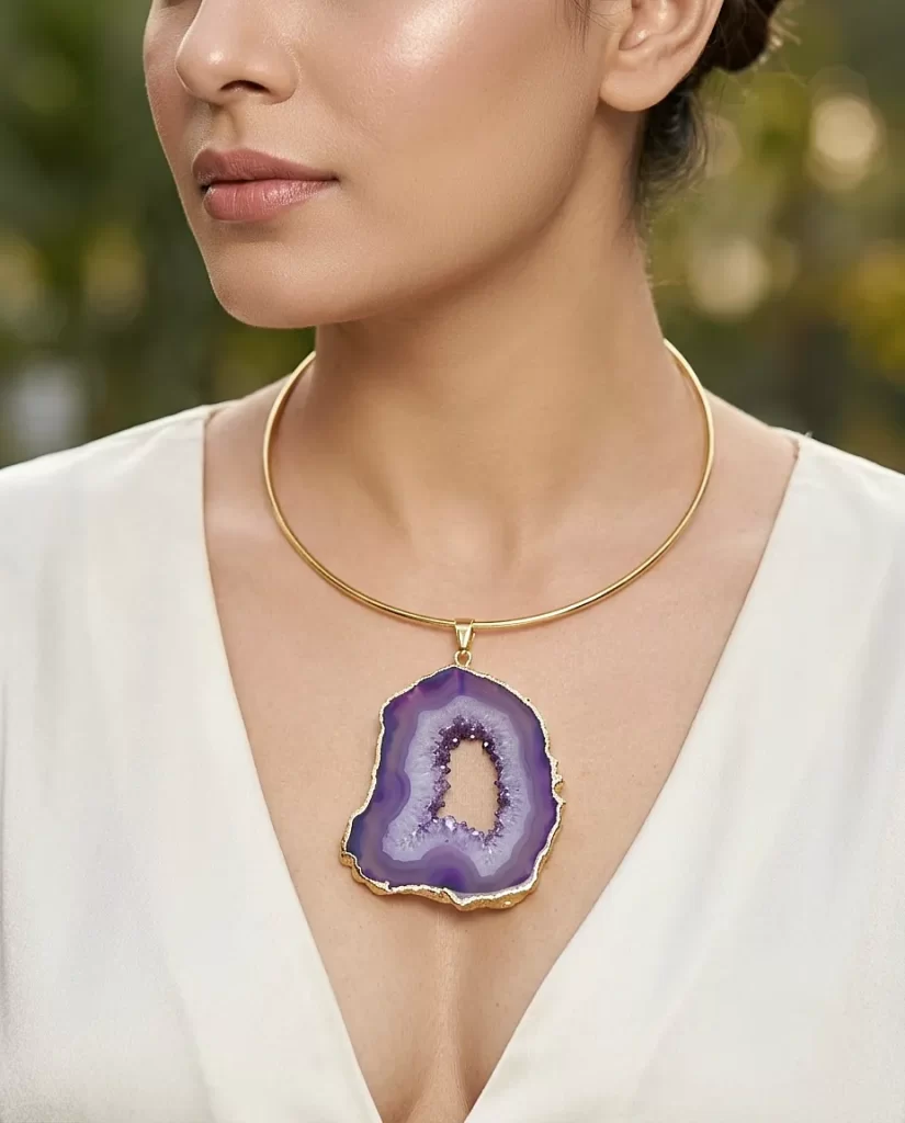 Raw Radiance Necklace- Lavender Agate Slice Stone & Brass Hasli