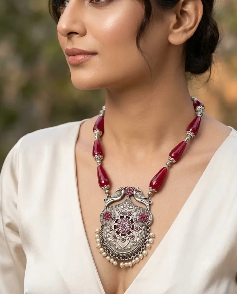 Rose Dust - Agate Drops and Brass Pendant Necklace