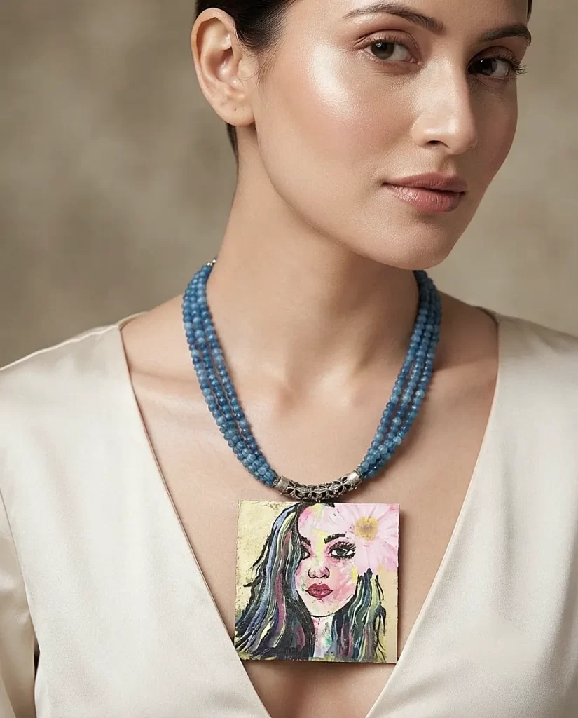 The Canvas Muse – Hand-Painted Floral Portrait Canvas & Blue Jade Necklace