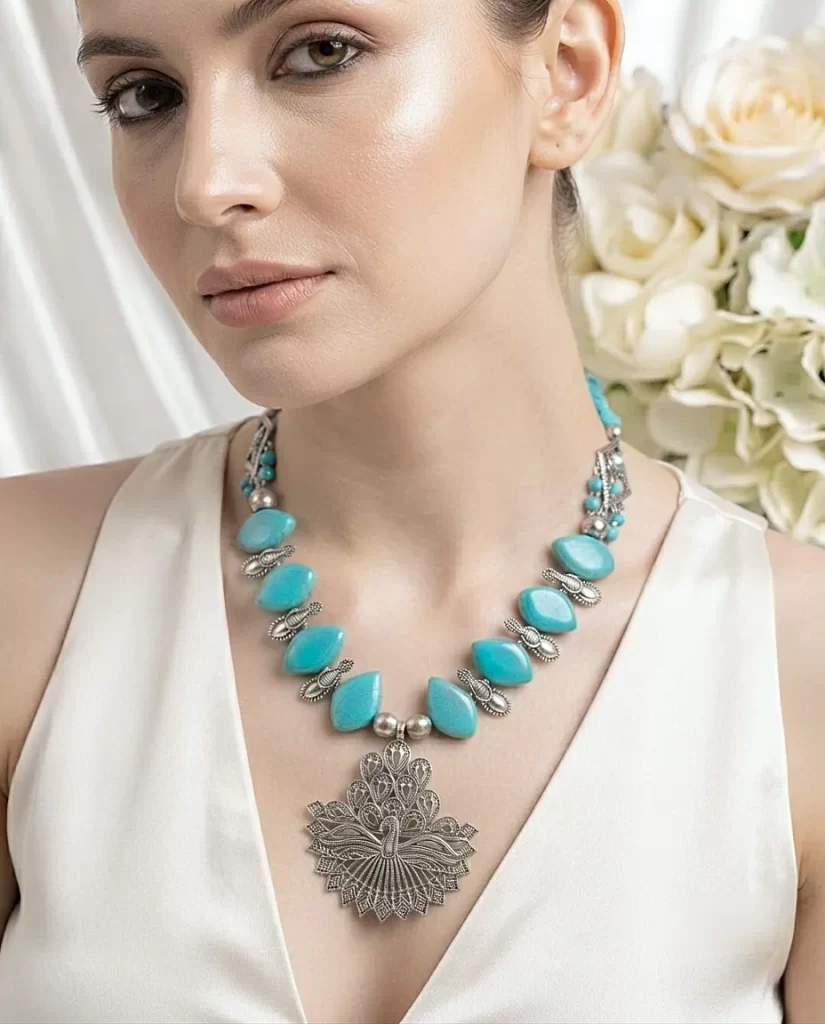 Woven Whispers - Howlite Turquoise Necklace with Peacock Pendant