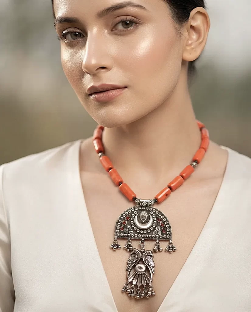 Coral Mist - Bamboo Coral Stones with Hallmarked 92.5 Sterling Silver Pendant Necklace