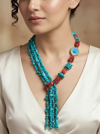 The Crimson Tide Lariat – Uncut Coral & Turquoise Chip Necklace