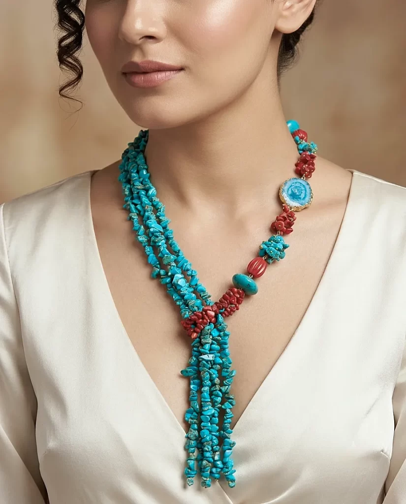 The Crimson Tide Lariat – Uncut Coral & Turquoise Chip Necklace