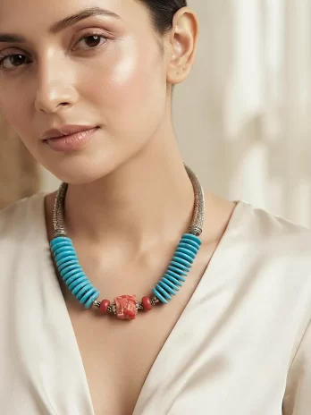 The Oceanic Tribal Collar– Turquoise Discs & Bamboo Coral Stones Necklace