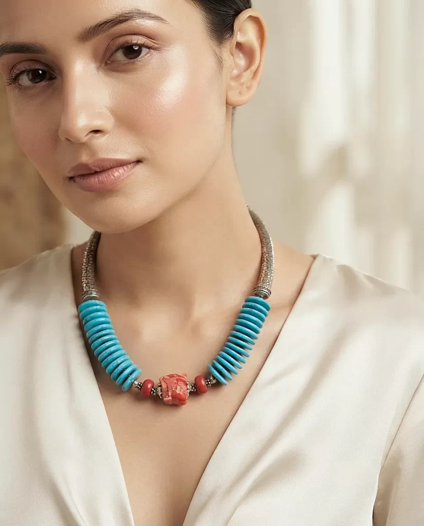 The Oceanic Tribal Collar– Turquoise Discs & Bamboo Coral Stones Necklace
