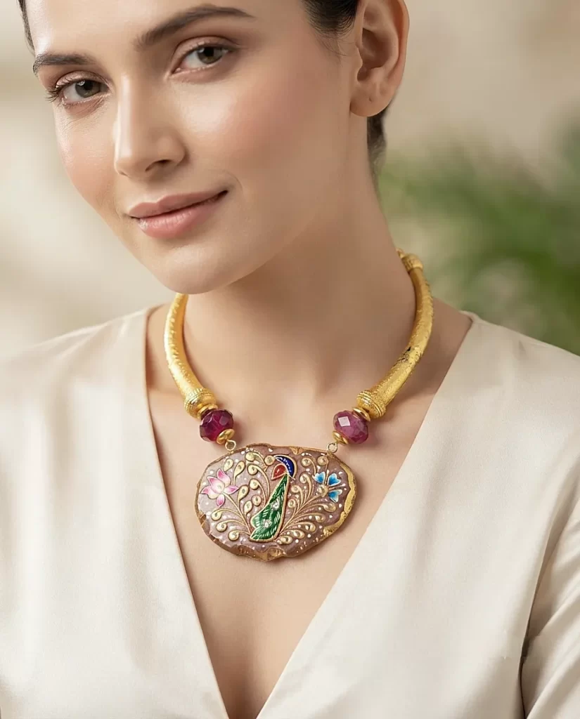 Peacock Canvas Hasli – Hand painted Agate Slice Gemstone & Hasli Necklace