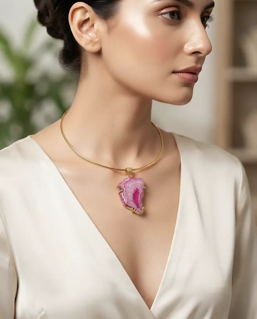 The Magenta Horizon – Pink Agate Druzy Pendant Brass Hasli Necklace