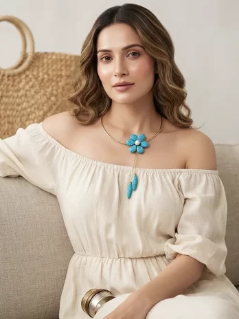 The Coastal Flora- Bohemian Turquoise Flower Brass Collar Necklace